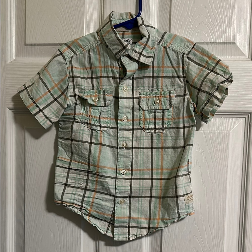 Carter's Green and Orange Button Down Shirt with Short Sleeves
